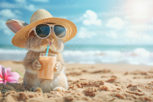 A rabbit in a hat and sunglasses sipping a milkshake at the beach on the coast under the sky