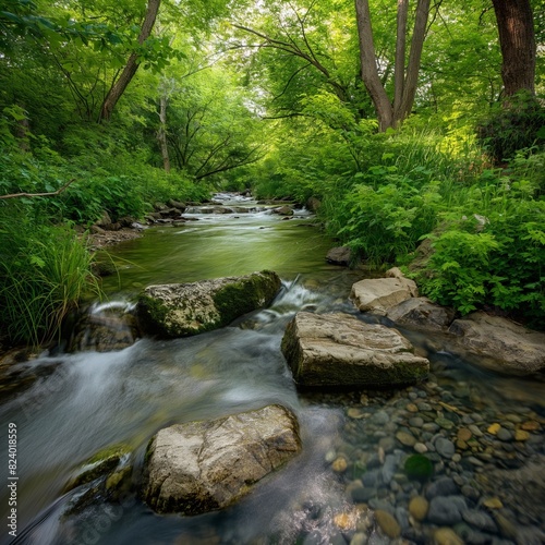 A tranquil forest stream  its crystal-clear waters flowing gently over smooth stones and through verdant greenery  creating a soothing soundtrack to the peaceful scene.
