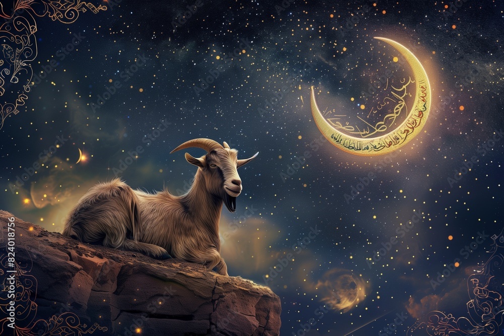 : A mesmerizing Eid Al Adha concept photo capturing the essence of the festival with a majestic goat and a crescent moon set against a starry night sky, evoking a sense of reverence and spirituality. : A mesmerizing Eid Al Adha concept photo capturing the essence of the festival with a majestic goat and a crescent moon set against a starry night sky, evoking a sense of reverence and spirituality.