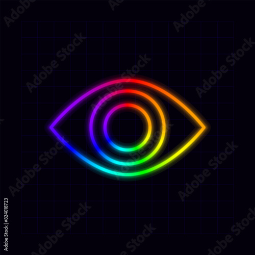 Eye icon, neon rainbow visuals, gradient mesh graphics.