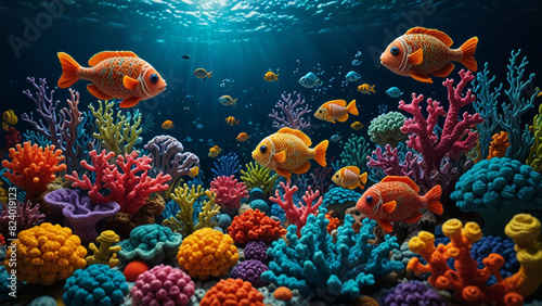 A delightful underwater world scene featuring vibrant coral reefs and a variety of fish, all depicted in charming crochet amigurumi style