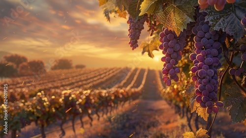vineyard at sunset, golden and purple grape clusters, winemaker in background realistic photo