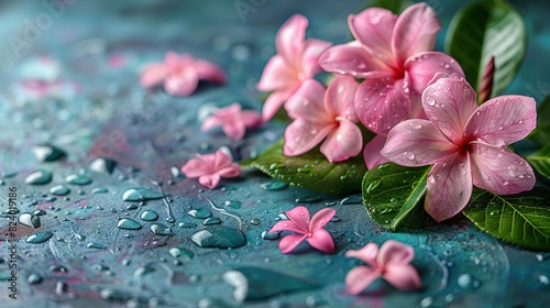  Pink flowers sit on table, covered in raindrops, beside green leaf