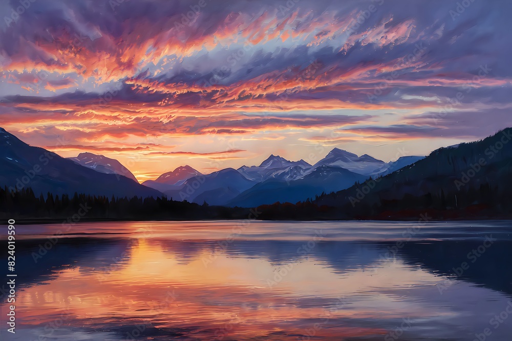 Fototapeta premium Digital painting of a serene sunset over a tranquil lake, framed by majestic mountains. 