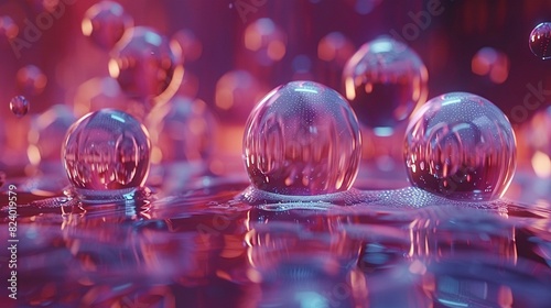  A cluster of lustrous glass orbs suspended atop a vivid surface, adorned with droplets of liquid