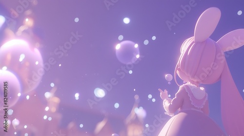  A girl in a dress blows bubbles against a purple-blue sky  with a castle behind her