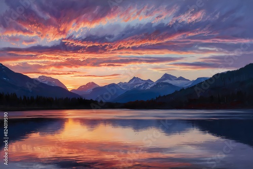 Digital painting of a serene sunset over a tranquil lake, framed by majestic mountains. 