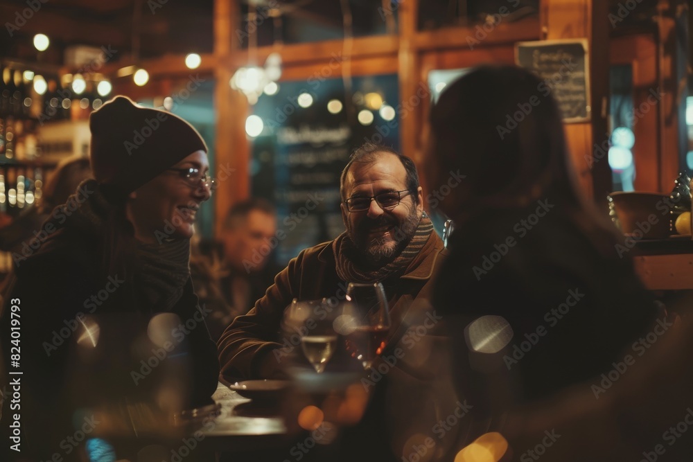 Group of friends hanging out together in a pub, drinking beer and talking Group of friends hanging out together in a pub, drinking beer and talking