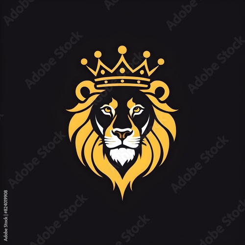 yellow lion head with crown on black