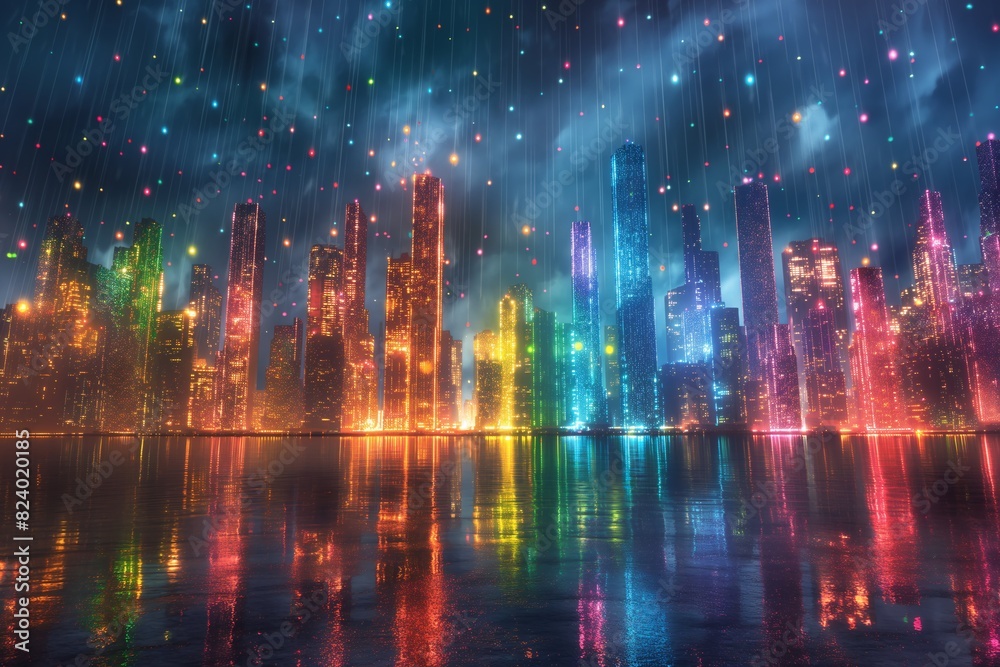 Vibrant Cityscape with Colorful Reflections. Illustration background.