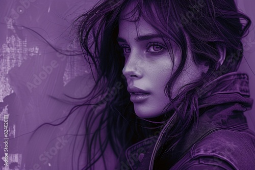 Modern editorial: A fashion-forward image featuring a female model with a sleek purple geometric pattern overlay, rendered in a high-contrast, magazine-style edit.