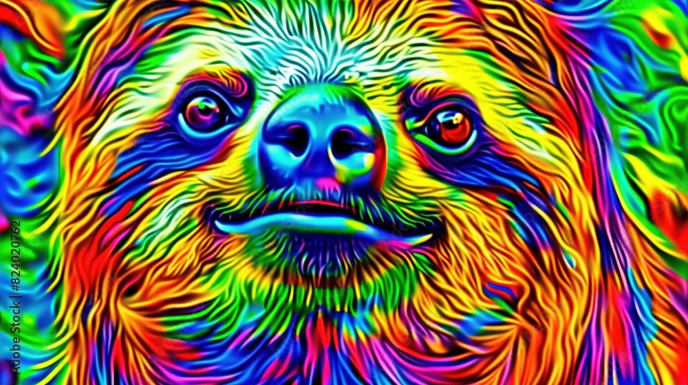   A close-up photo of a dog's face with vibrant colors