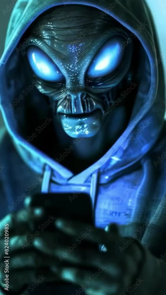 alien looking and using smartphone social media. alien with phone. 4k 9x16 vertical new stock video footage Ai.