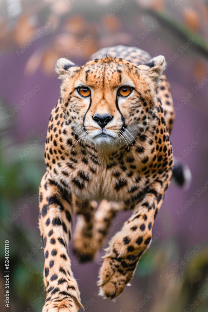 Obraz premium The closeup image captures a powerful and agile cheetah leaping gracefully through the air
