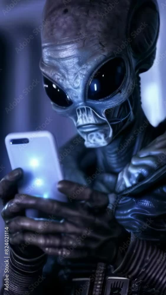 alien looking and using smartphone social media. alien with phone. 4k 9x16 vertical new stock video footage Ai. alien looking and using smartphone social media. alien with phone. 4k 9x16 vertical new stock video footage Ai.