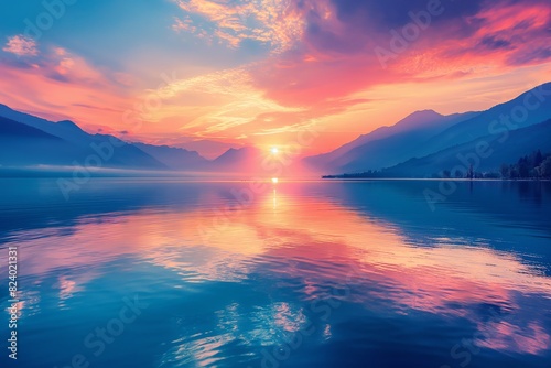 Mesmerizing Sunset Over Calm Mountain Lake.