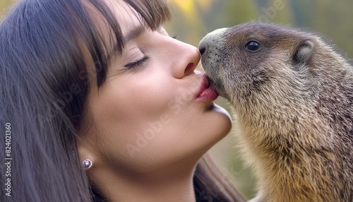 hübsche junge Frau mit schöne Lippen küsst ein Murmeltier. photo