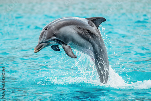 A dolphin is elegantly leaping through the liquid with its fin cutting through the water