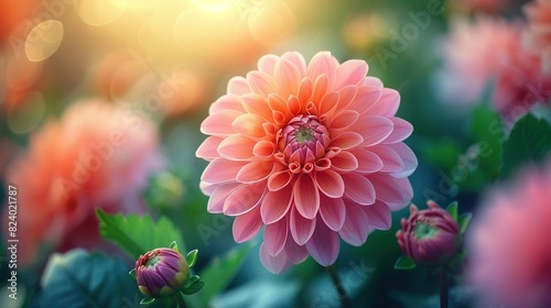  A pink flower with green leaves in the foreground against a blurred background of pink flowers and green leaves