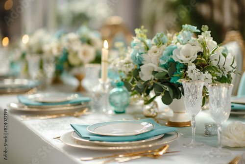 Set long table for a white, green and aqua blue wedding dinner decorated interior