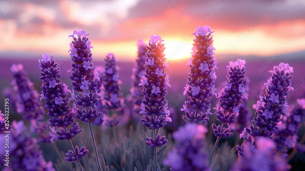 A field of lavender flowers with the sun setting in the distance behind it A field of lavender flowers with the sun setting in the distance behind it