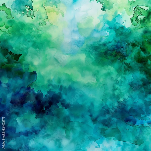 A vibrant explosion of watercolor hues blending on a canvas, where azure blues merge seamlessly into emerald greens, mimicking the ocean meeting the forest.