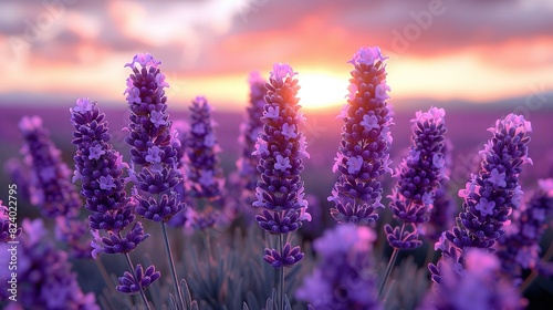  A field of lavender flowers with the sun setting in the distance behind it