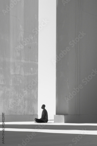 Man sitting on floor between walls in black and white image