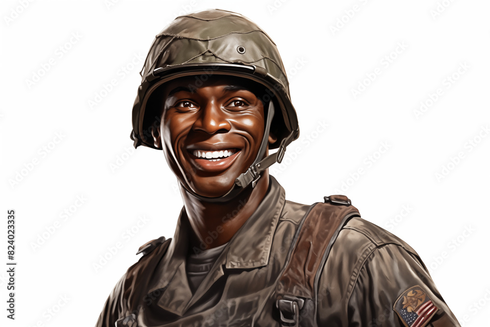 Smiling man on white background. War-related topics. War news. Military recruitment. Military service. World War. Black man. Afro american. Africa. Image for graphic designer. IA. Smiling man on white background. War-related topics. War news. Military recruitment. Military service. World War. Black man. Afro american. Africa. Image for graphic designer. IA.