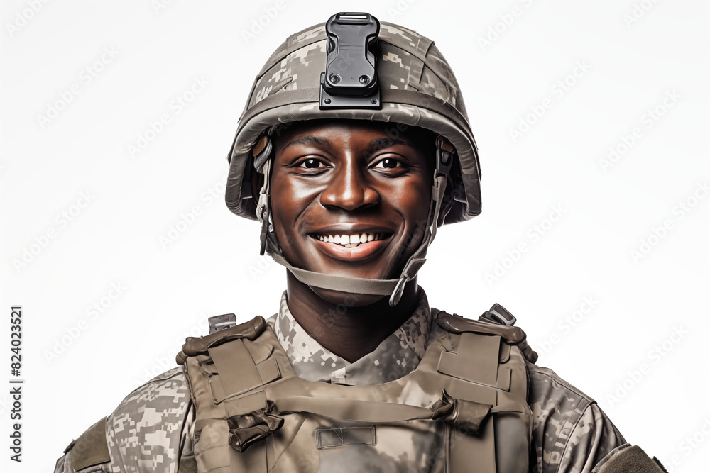 Smiling man on white background. War-related topics. War news. Military recruitment. Military service. World War. Black man. Afro american. Africa. Image for graphic designer. IA. Smiling man on white background. War-related topics. War news. Military recruitment. Military service. World War. Black man. Afro american. Africa. Image for graphic designer. IA.