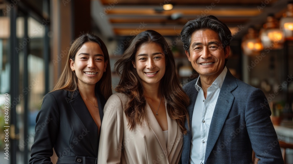 Obraz premium Three business managers standing together in a modern office setting, each displaying a different expression of confidence, determination, and collaboration.