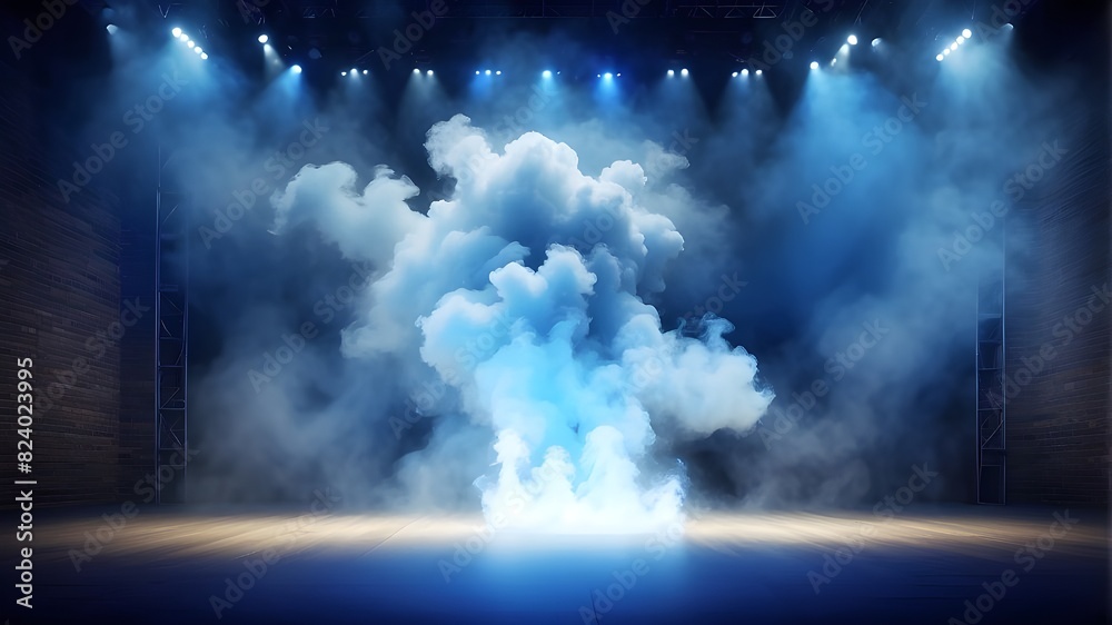 Smoke and scenic lighting illuminated the stage. On a dark background, a blue vector spotlight features a smoke volume light effect. Cloudiness projector for stadiums, Generative AI