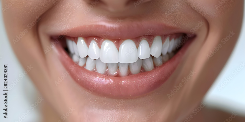Obraz premium Beautiful young woman female smiling showing perfect white teeth. Dental stomatology whitening and treatment advertisement concept.