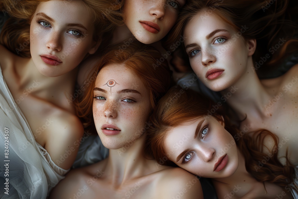 Enchanting Redheads: A Portrait of Five Women with Striking Features, showcasing beauty, diversity, and unique character in a serene composition