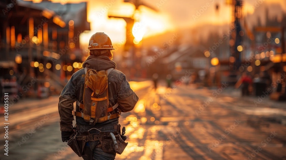 Construction Worker Walking Away from Sunset Construction Worker Walking Away from Sunset