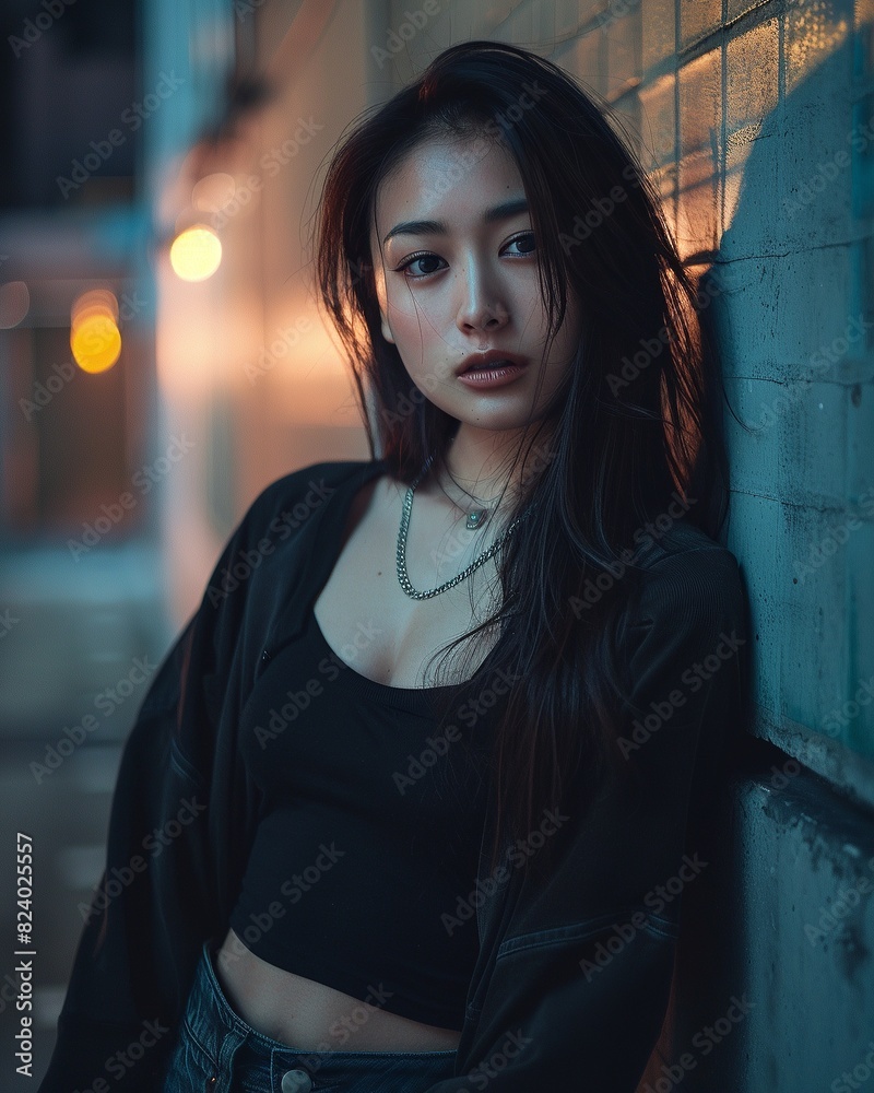 Obraz premium Woman Leaning Against Wall at Night