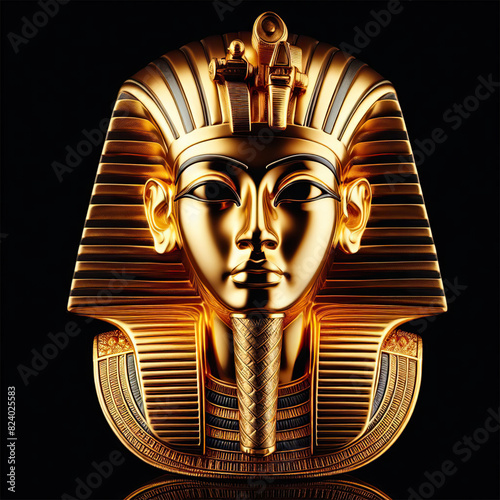 Golden mask of pharaoh Tutankhamon isolatd on black reflective background. Egyptian pharaoh funerary mask. photo