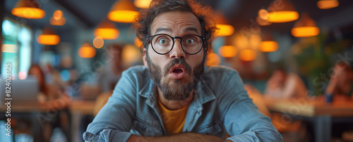 Surprised man at a cafe with tongue out photo