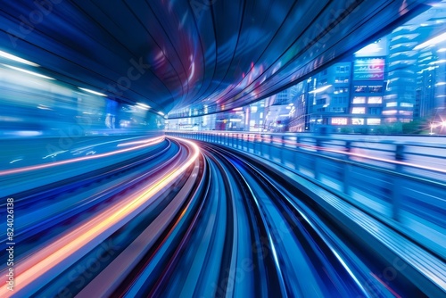 dynamic motion blur of futuristic train speeding through illuminated tunnel in tokyo japan