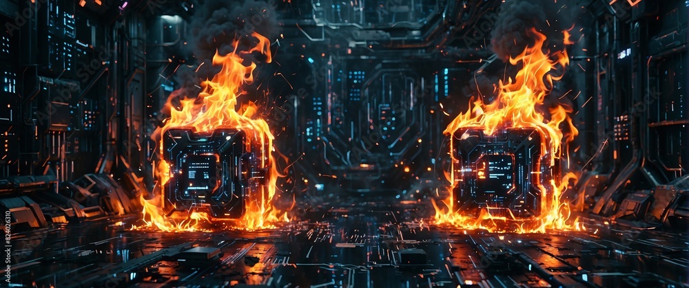 A fiery scene at night with a burning stove and pump, engulfed in flames A fiery scene at night with a burning stove and pump, engulfed in flames