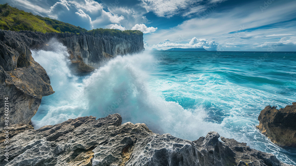 the raw power of ocean waves crashing against rugged coastal cliffs