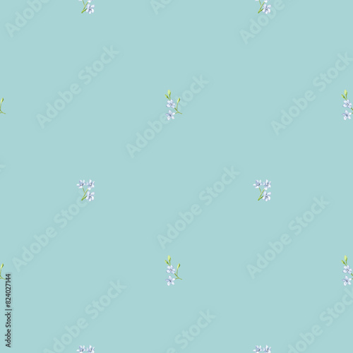 Vintage floral background. Seamless pattern for design and fashion prints on green background. Flowers pattern with small white and blue flowers. Ditsy style. photo