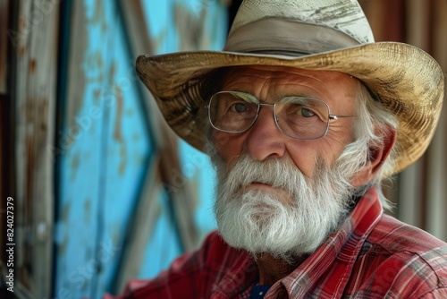 Portrait of an elderly gentleman in a straw hat gazing into the distance