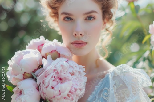 beautiful tender aristocratic woman in romantic lacy vintage dress holding pastel white pink peony flowers in cottage core style aesthetics
