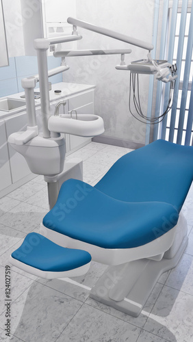 Bright dentist clinic office interior with empty dental unit - comfortable chair and modern medical equipment. With no people dentistry operating surgery room 3D illustration from my 3D rendering.