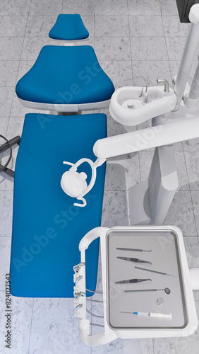 Top view of empty dentist workplace - dental unit, comfortable chair and tools in bright medical clinic office interior. Dentistry surgery room with modern equipment 3D illustration from my rendering.