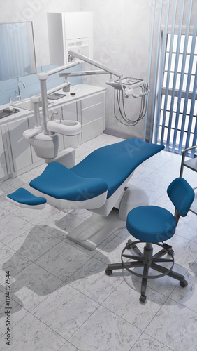 Empty interior of bright clean dentist clinic office with dental unit - comfortable chair and modern medical equipment. With no people dentistry operating surgery room 3D illustration from my render.