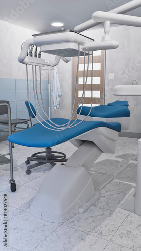 Bright dentist clinic interior with empty dental unit - comfortable chair and medical tools. Dentistry operating surgery room with modern equipment. With no people 3D illustration from my own render.