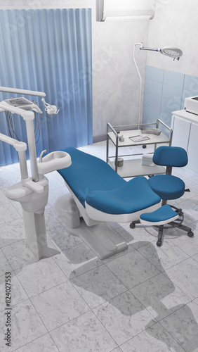 Empty interior of bright dentist clinic office with dental unit - comfortable chair and medical tools. Dentistry surgery room with modern equipment. With no people 3D illustration from my 3D rendering