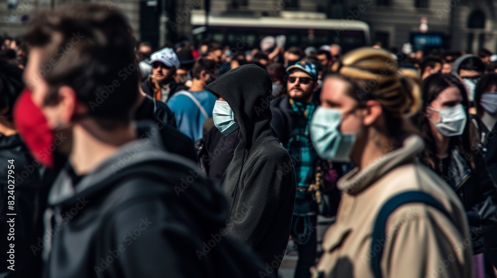A focused shot capturing the mood in a crowd where every person is wearing a face mask on an urban street.